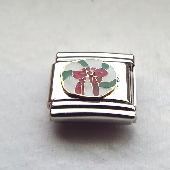 Enamel swirl candy with a bow 9mm stainless steel Italian charm bracelet link - Picture 1 of 2